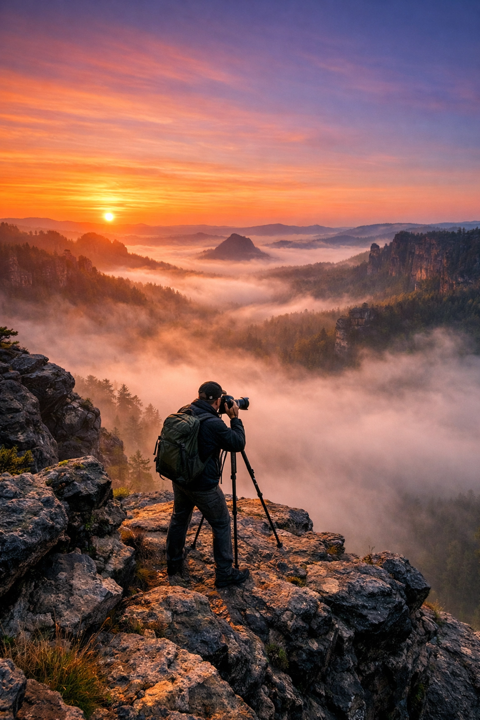 Landscape photographer capturing a breathtaking sunrise from a cliffside to build a successful career.