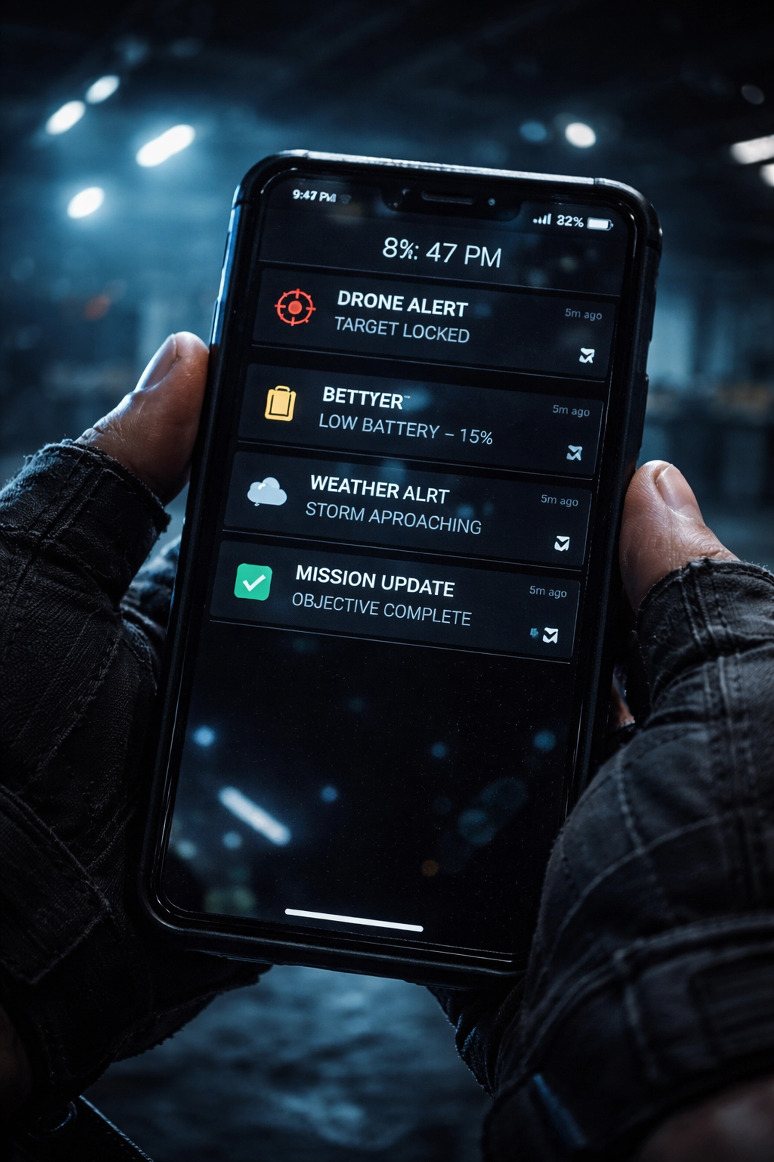 Close-up of smartphone displaying NAV Drone authorization status notifications in professional drone hangar