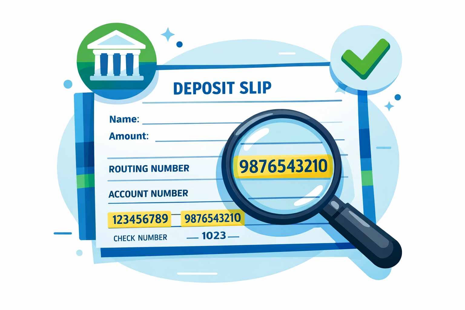 Bank routing slip with magnifying glass verifying account numbers for direct deposit