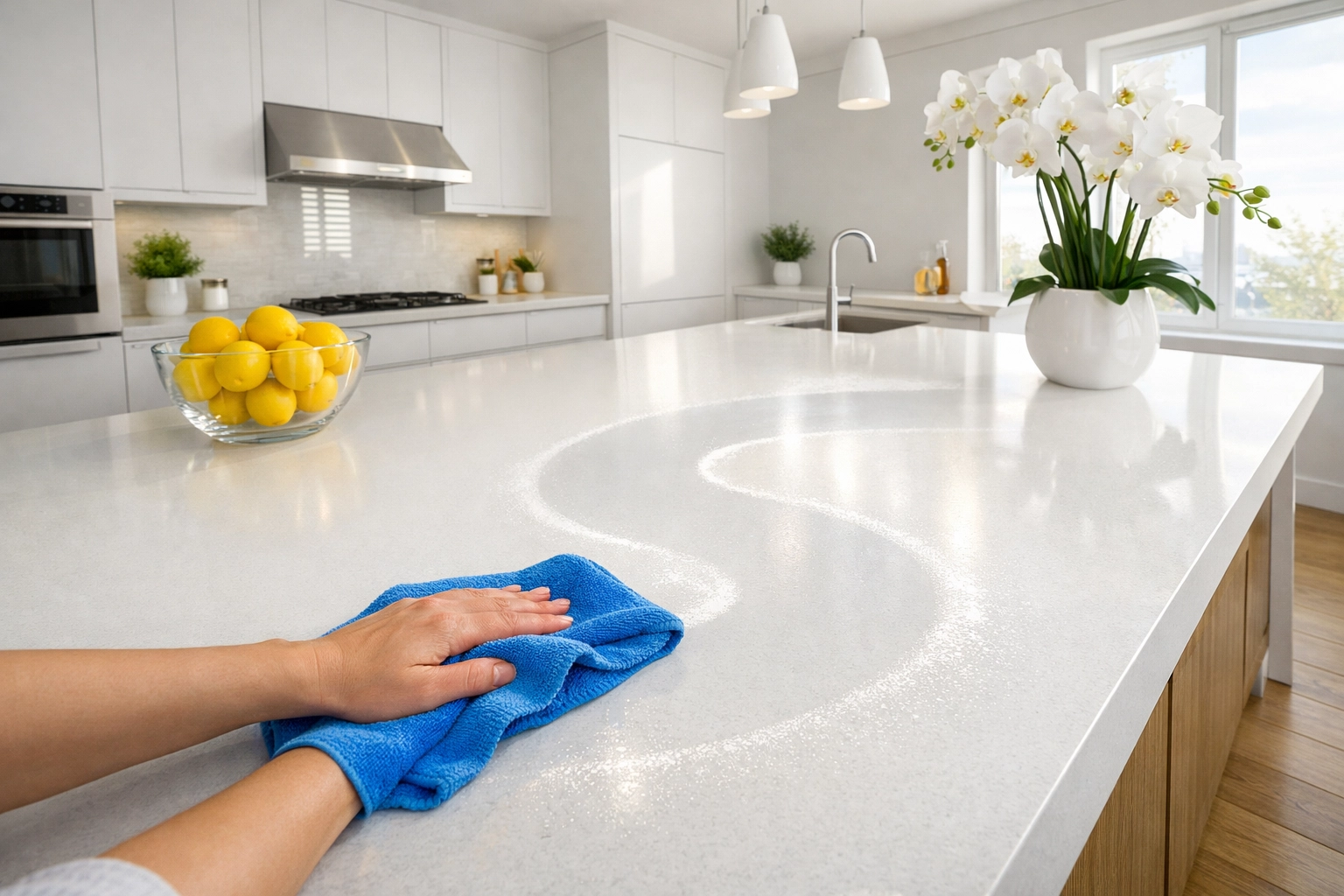 Cleaning a kitchen countertop using a microfiber cloth in a steady S-pattern technique.