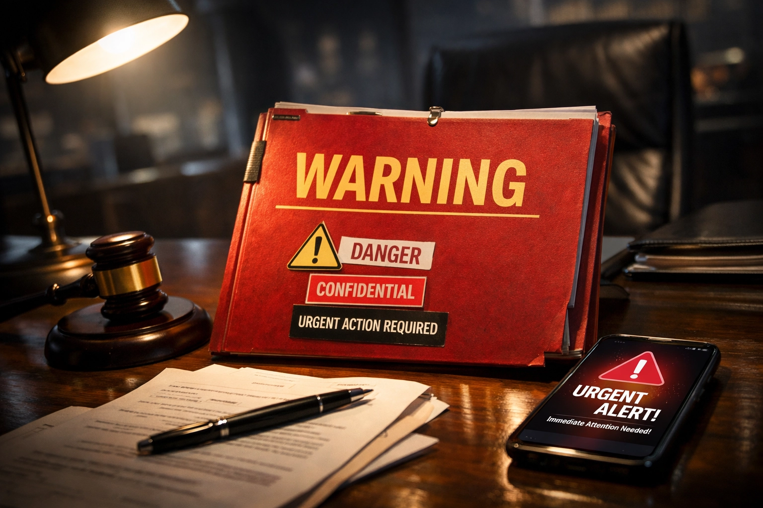 Warning folder with legal documents highlighting serious investigation red flags and compliance risks