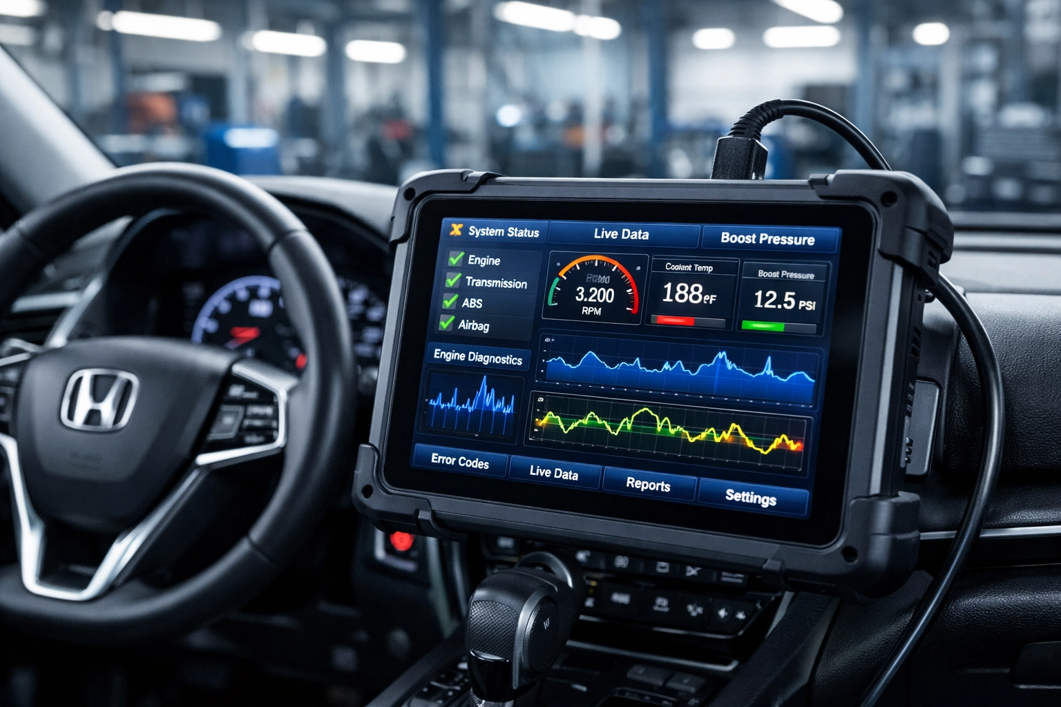 Professional diagnostic tablet checking system health on a modern Honda dashboard in Roseville.