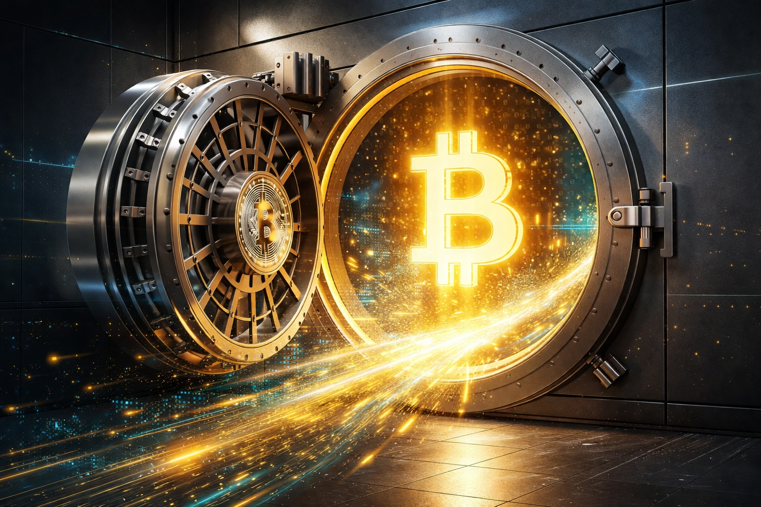Bitcoin symbol emerging from a secure bank vault, highlighting digital asset integration in a diversified portfolio.