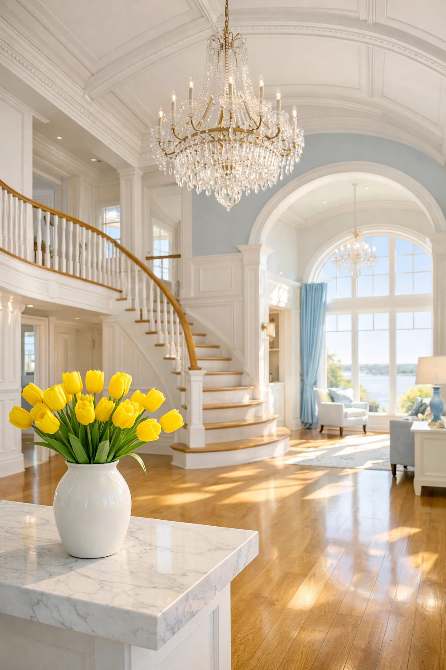 Sun-drenched foyer of a Lunenburg estate with polished oak floors after a spring deep clean.