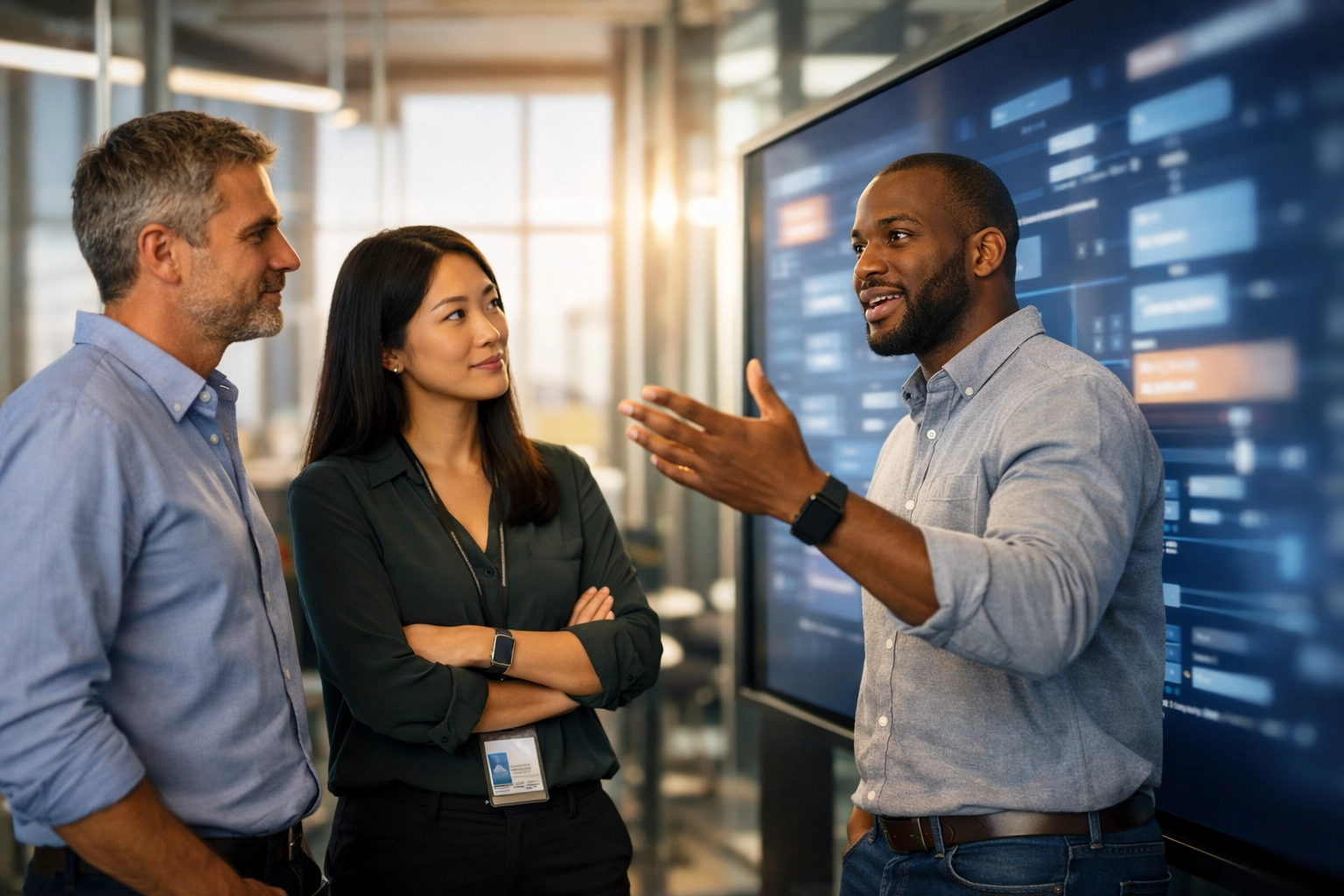 IT strategists discussing ServiceNow implementation partner strategy in a modern tech lab.