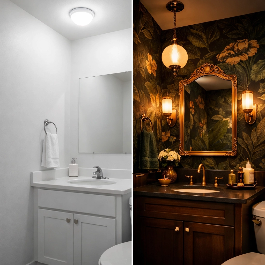 Before and after bathroom transformation using removable wallpaper