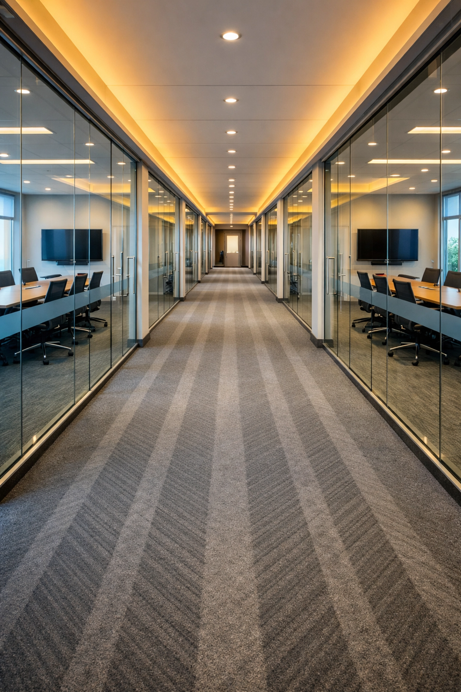 Clean office hallway with vacuumed commercial carpet, demonstrating reliable janitorial services in Grafton.