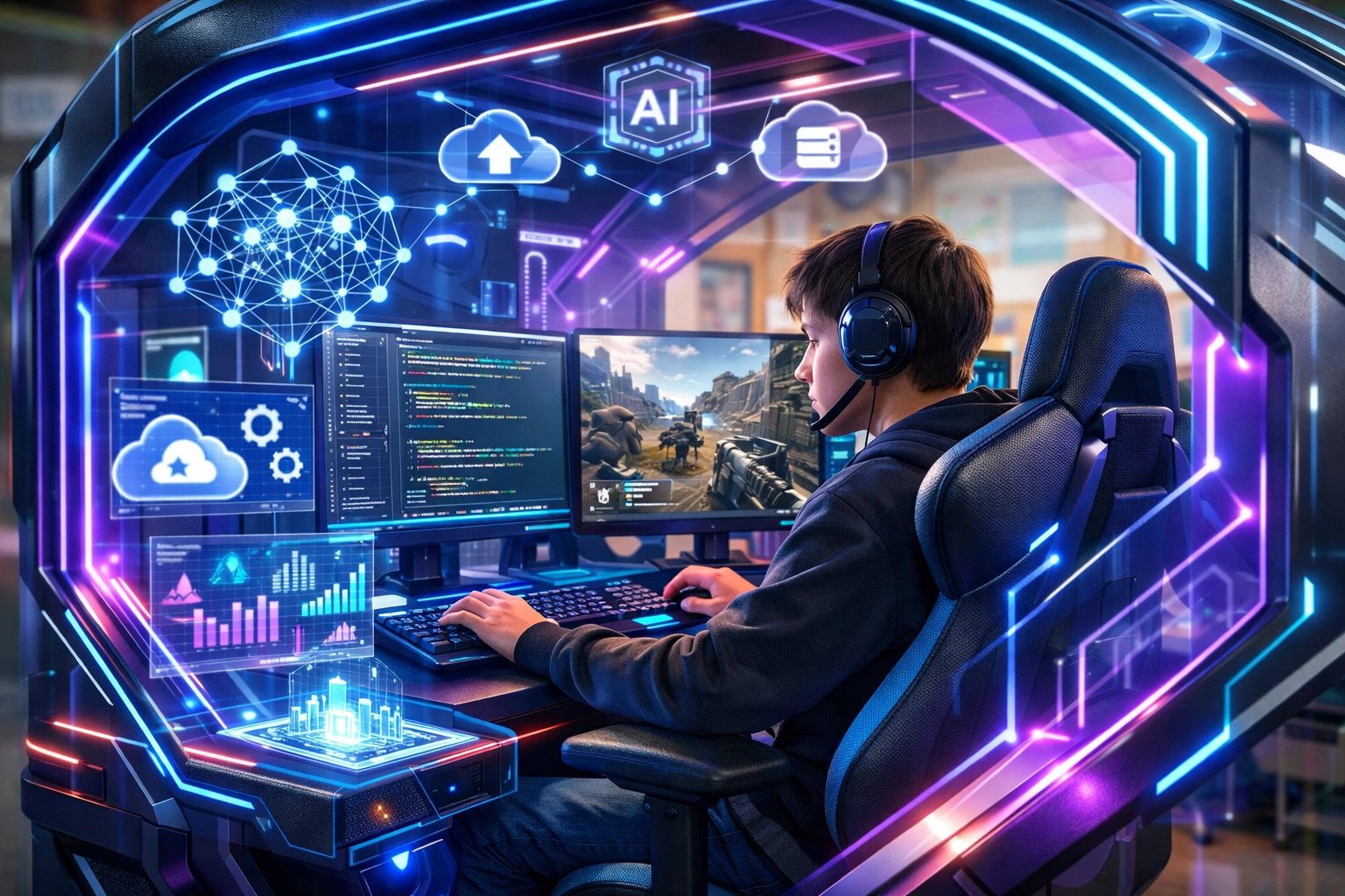 AI-powered esports pod with holographic displays showing student engaged in simulation learning