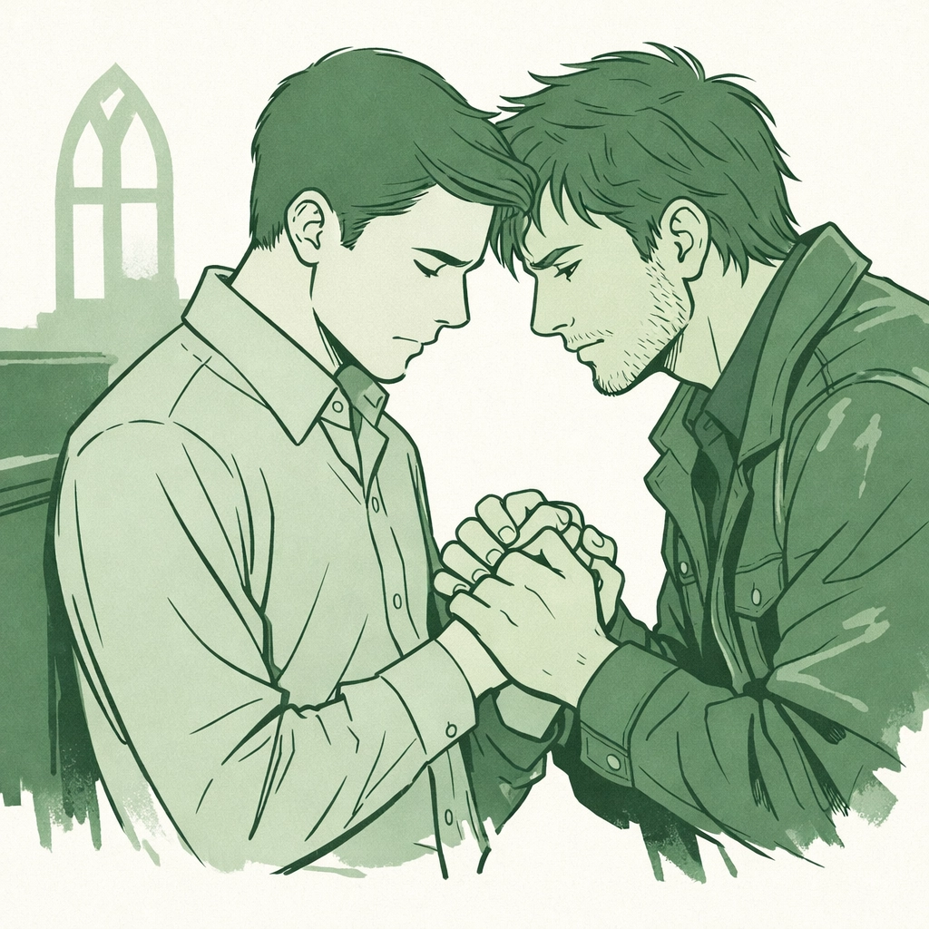 Minimalist illustration of a preacher's son and rebel holding hands in a forbidden love MM romance.