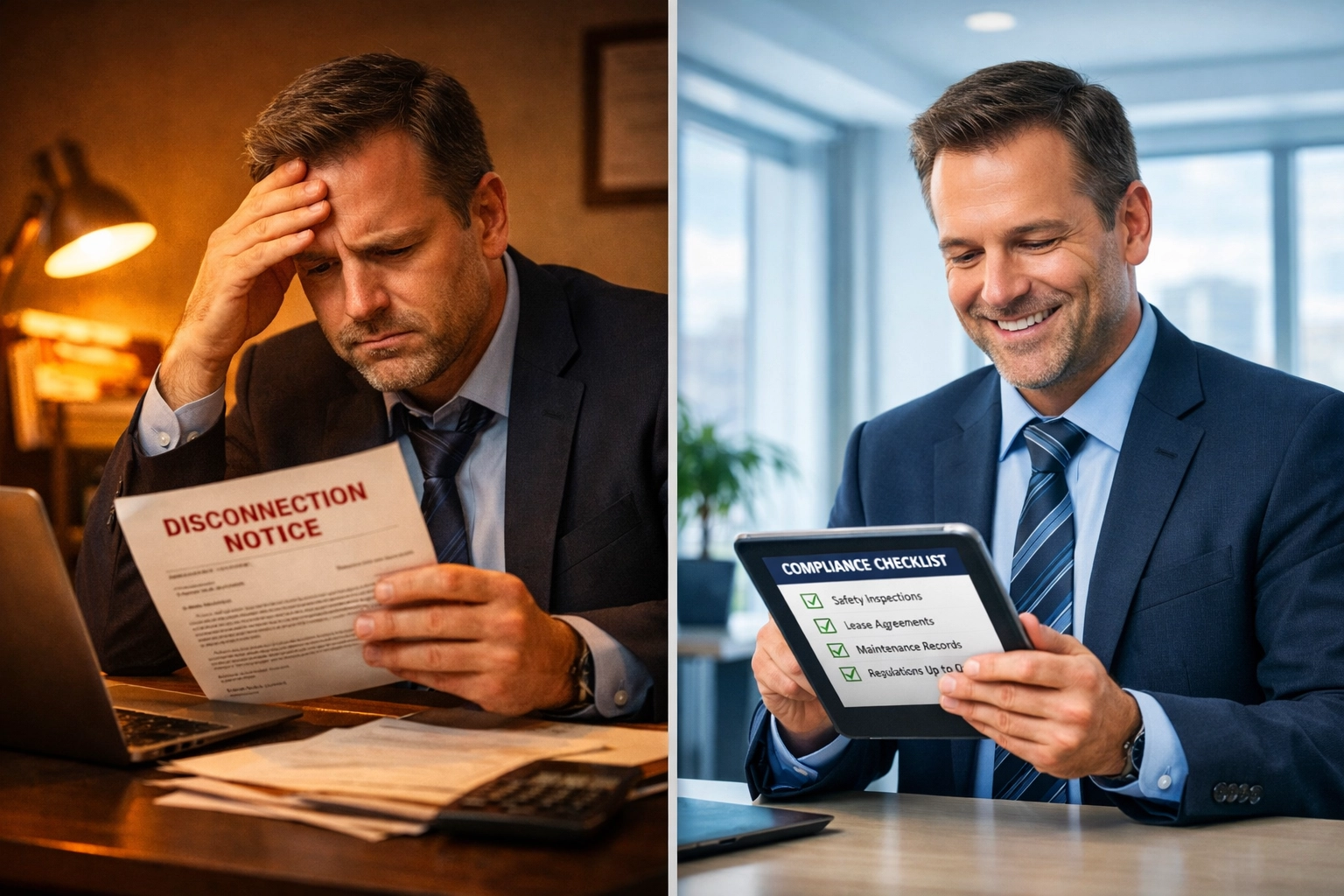 Property manager reviewing POTS line replacement compliance checklist and disconnect notice