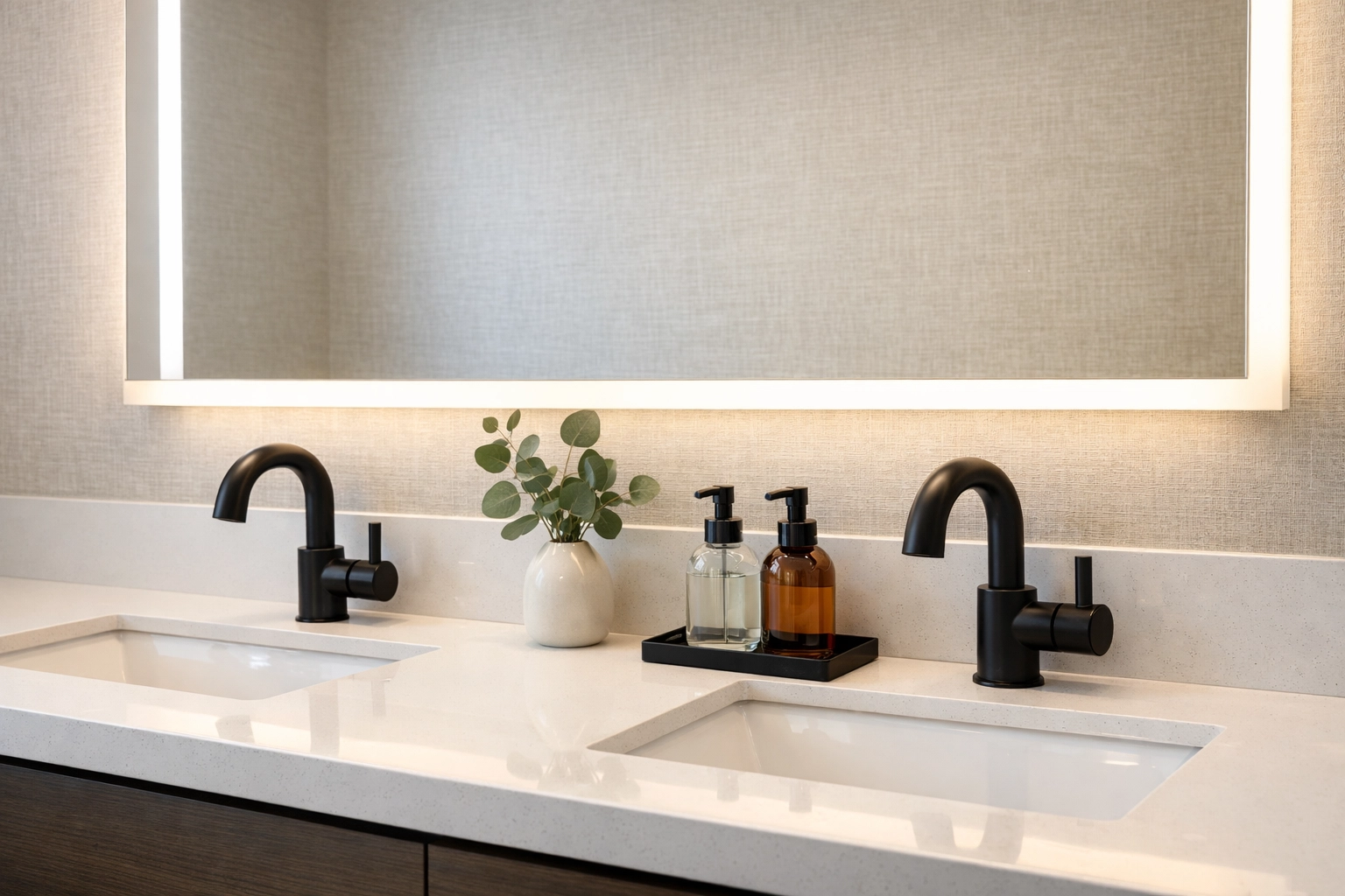 Modern dual vanity with quartz counters and LED mirror by a professional bathroom remodeling Orlando expert.