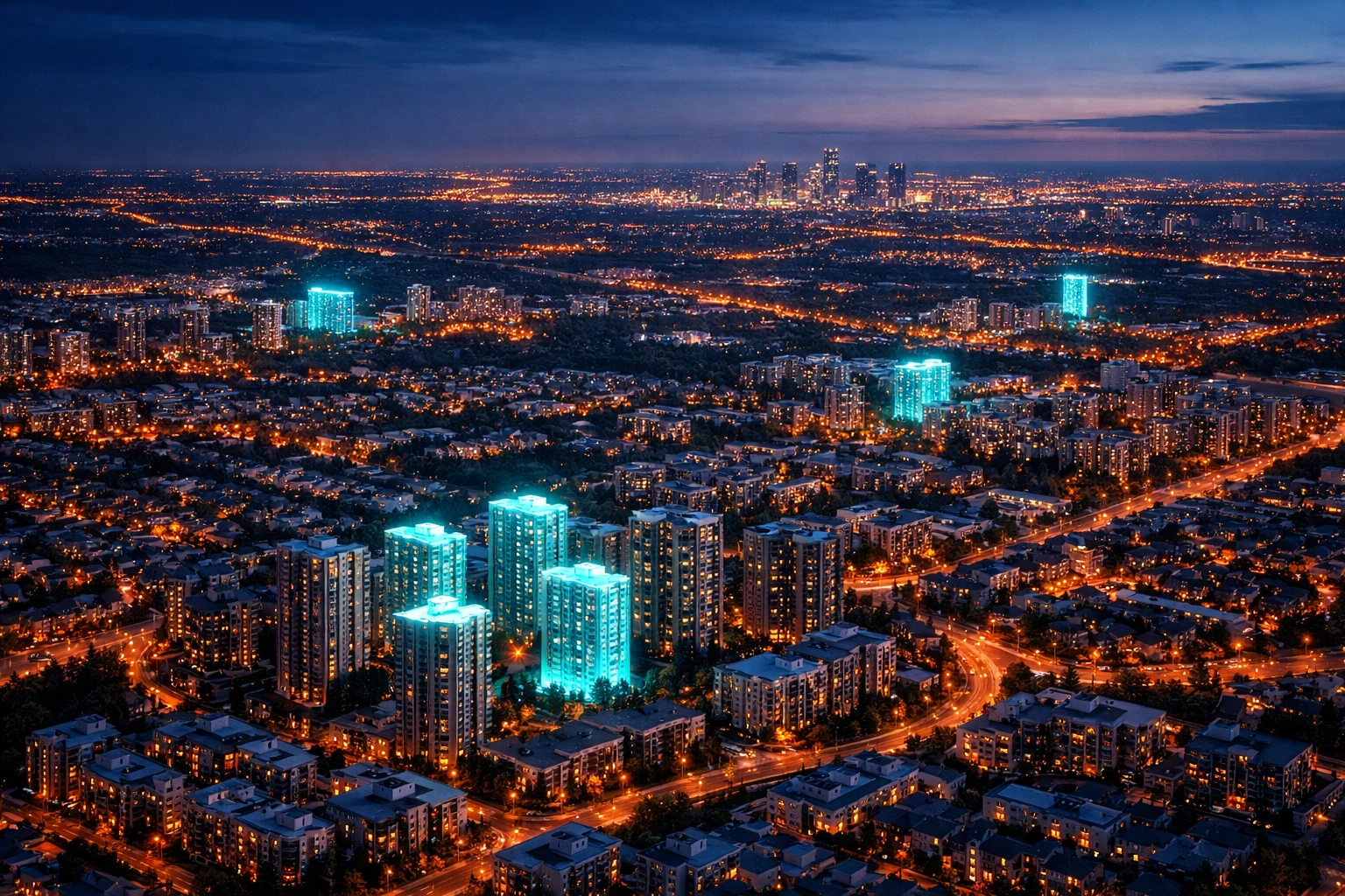 A sprawling metropolitan skyline illustrating a growing property management portfolio across multiple territories.