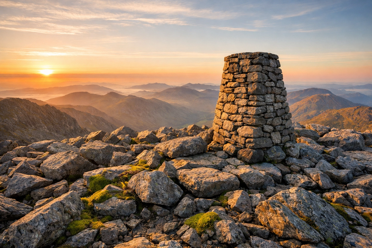 Rocky summit of Scafell Pike at sunrise, the highest point in England and a top choice for guided walks Lake District.