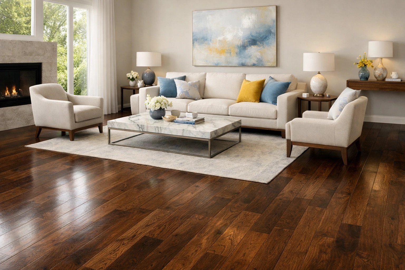 Dust-free dark walnut hardwood floors in a sunlit Hopkinton living room after a post-construction clean.