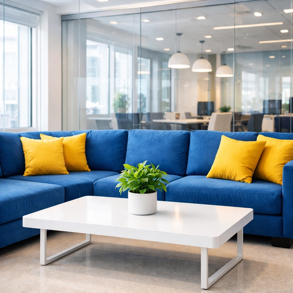 Pristine office lounge and huddle zone in a Lynn tech company showing the benefits of regular cleaning.