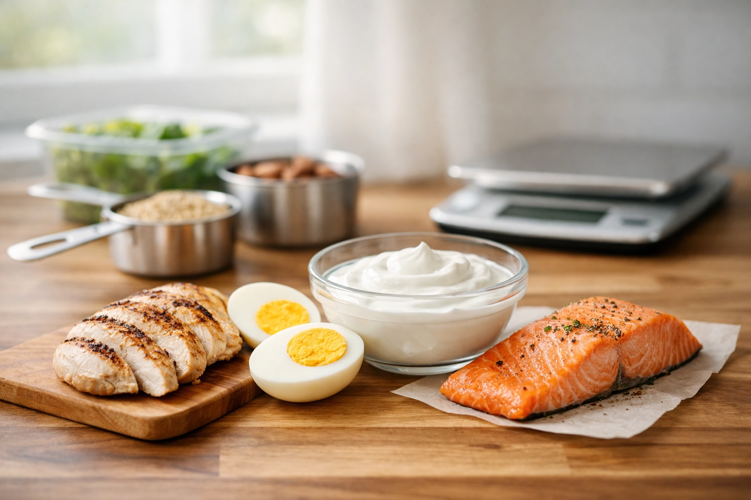 High-protein foods for GLP-1 weight loss including chicken, eggs, Greek yogurt, and salmon