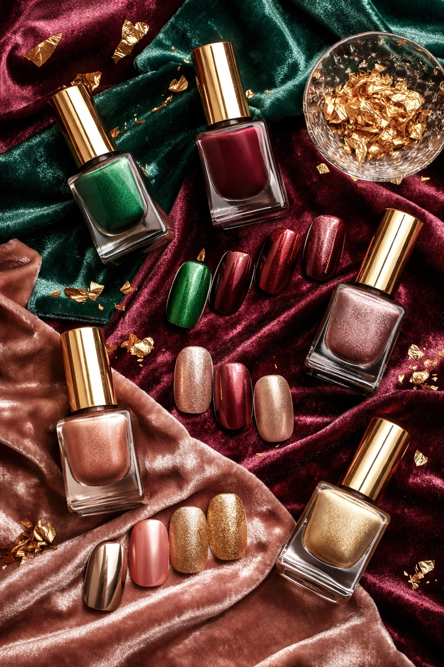 Flat-lay of emerald chrome, burgundy velvet, and rose gold nail products on velvet, showcasing trending Norwood nail art.