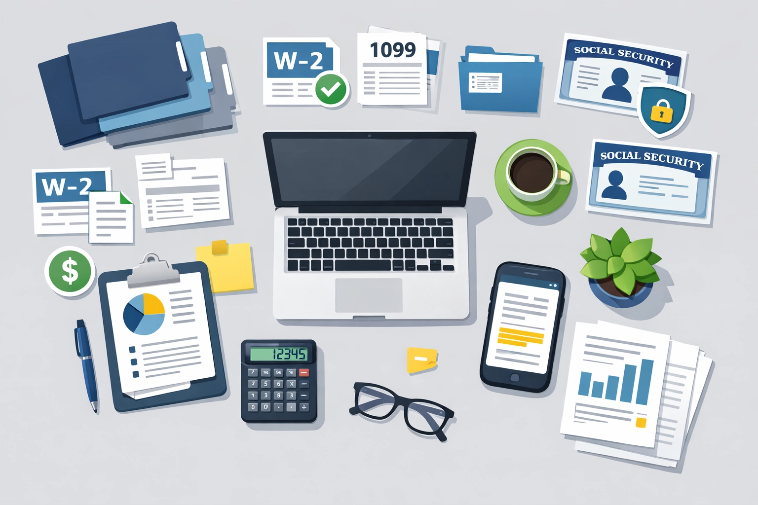 Organized tax documents including W-2 and 1099 forms for 2026 tax preparation