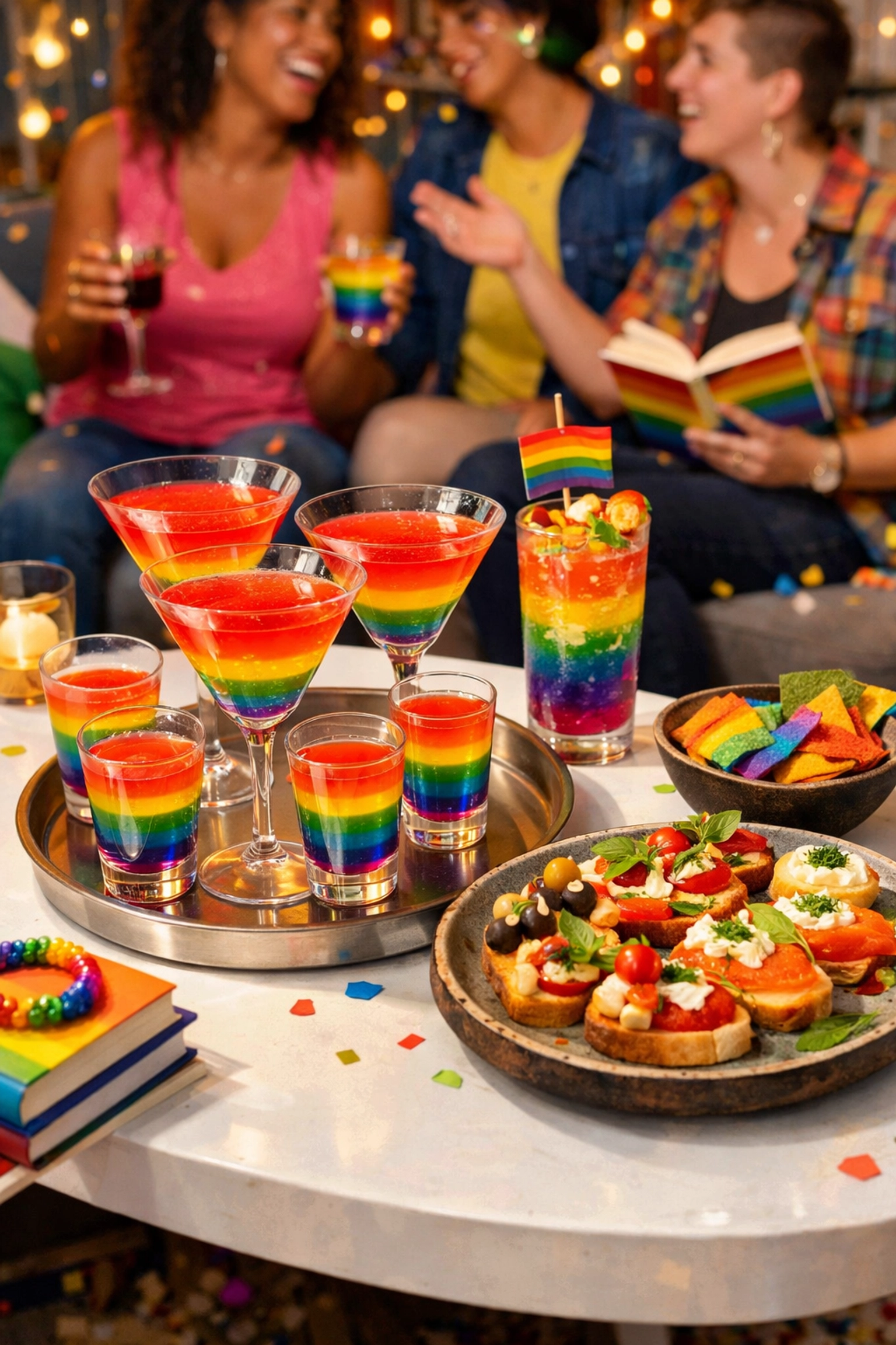 Vibrant rainbow cocktails and appetizers served at a festive LGBTQ+ book party celebration.
