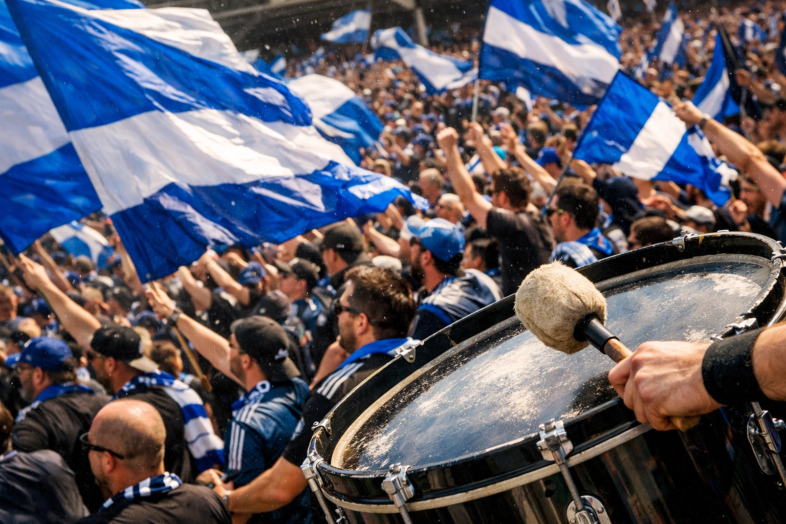 CF Montreal supporters waving flags and playing drums in the lively stands at Stade Saputo.
