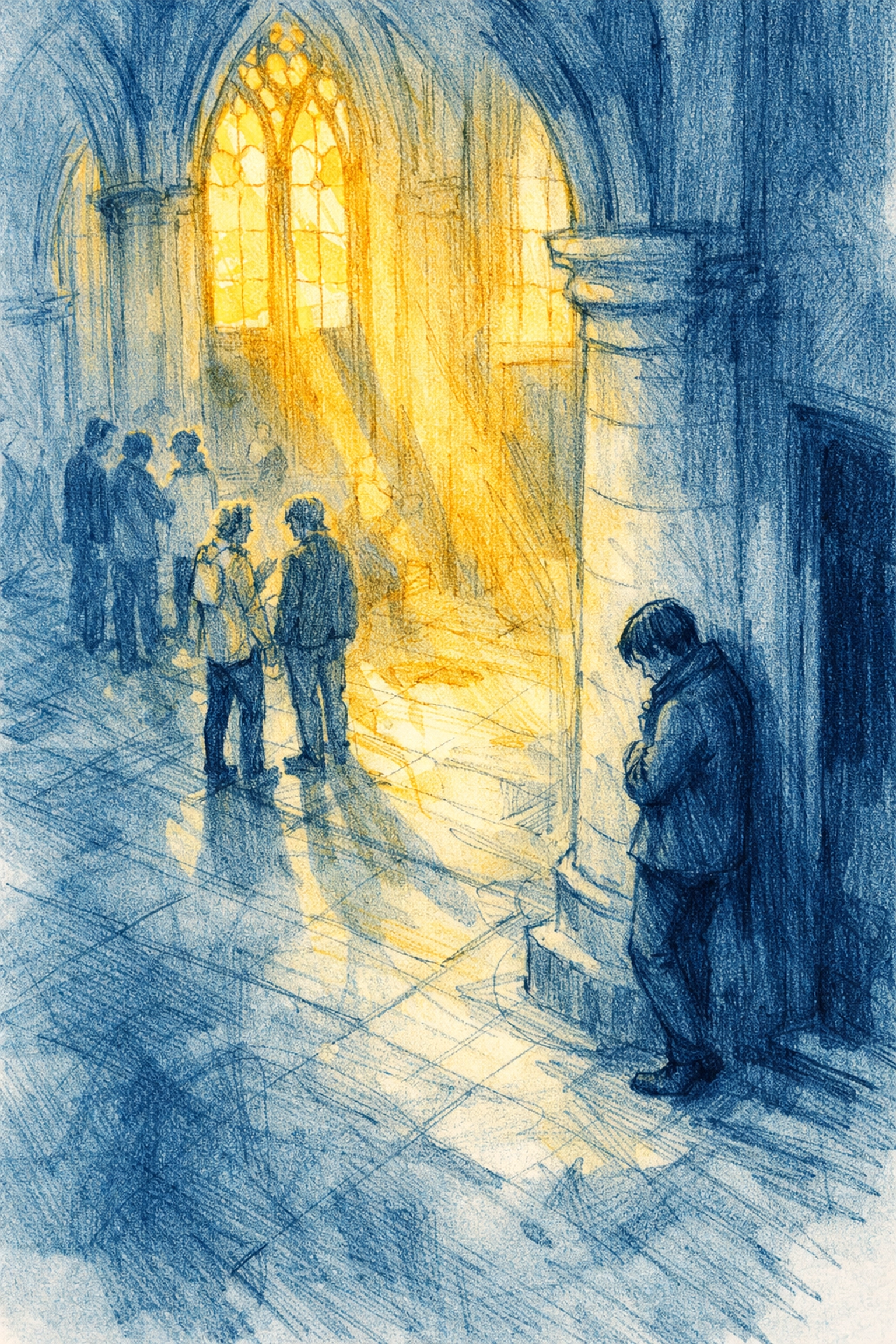 Person standing alone at church entrance while groups gather nearby seeking connection