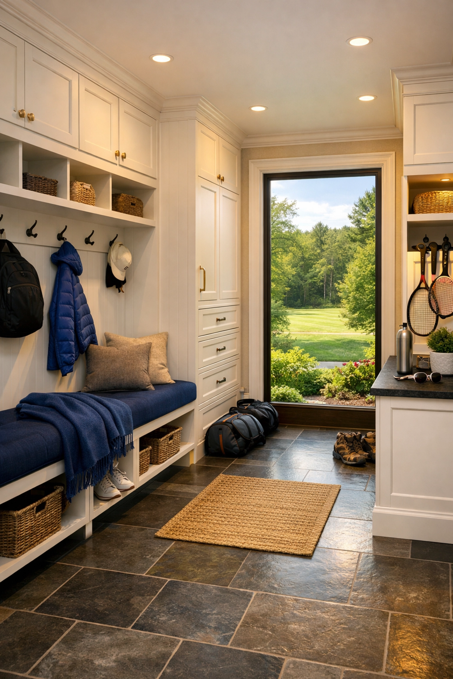 Spotless luxury mudroom with slate flooring and custom cabinetry after a professional house cleaning in Southborough.