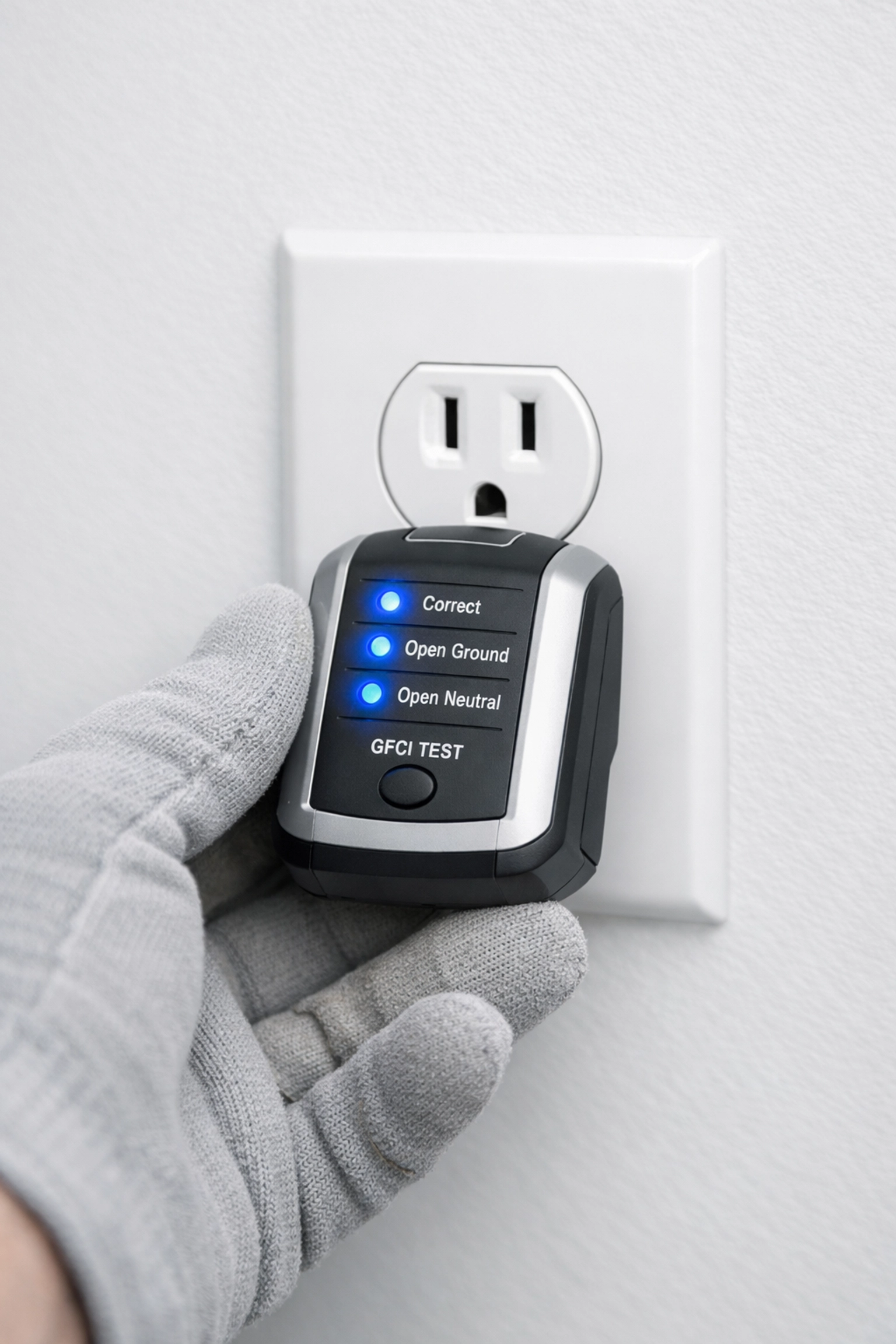 Professional testing electrical outlet during apartment make ready inspection process