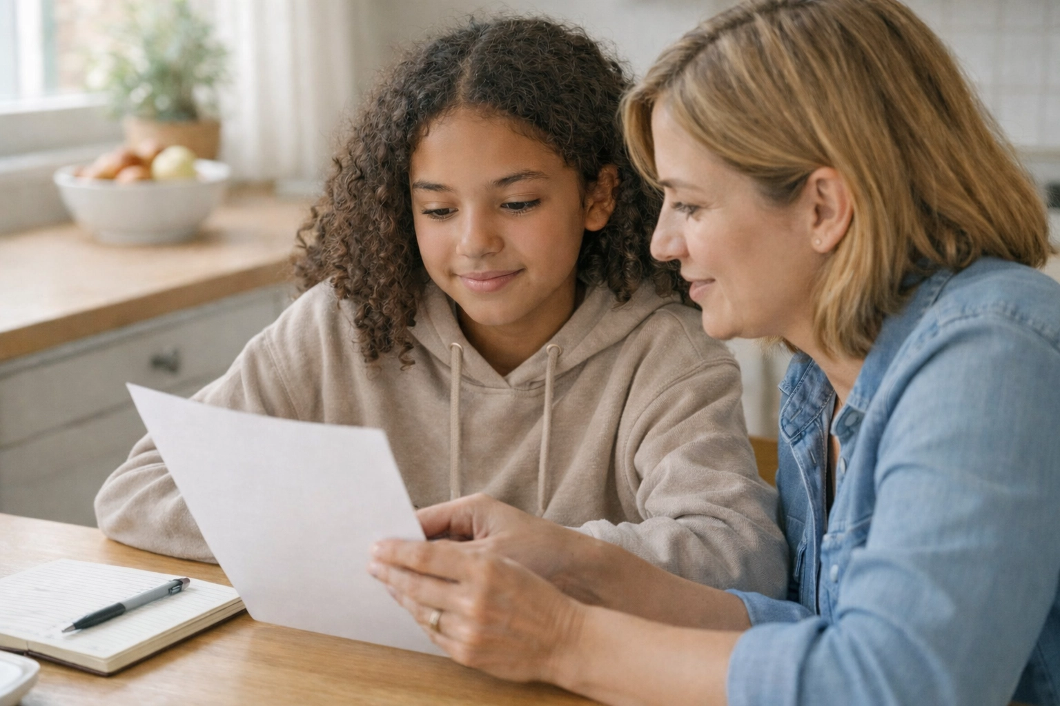 Ouder en kind bekijken samen de uitslag van de Cito doorstroomtoets aan de keukentafel
