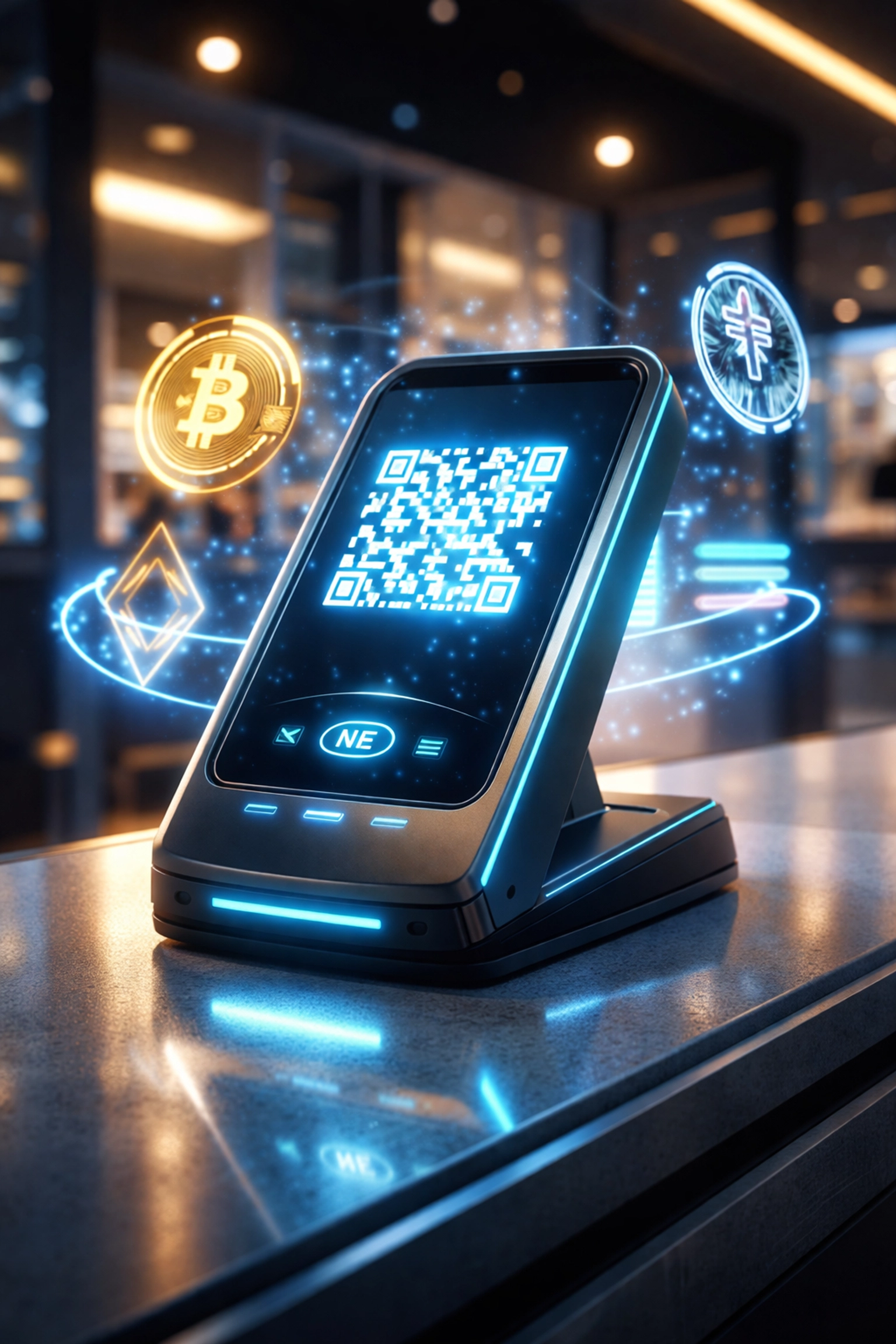 Futuristic crypto POS terminal with QR code and digital currency symbols showcasing Larecoin gas-only payment model