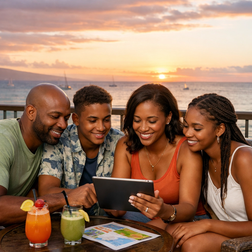 Family planning vacation activities on resort balcony overlooking ocean