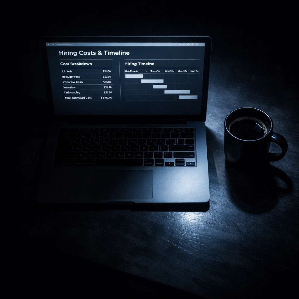 Startup founder reviewing SDR hiring costs late at night on laptop