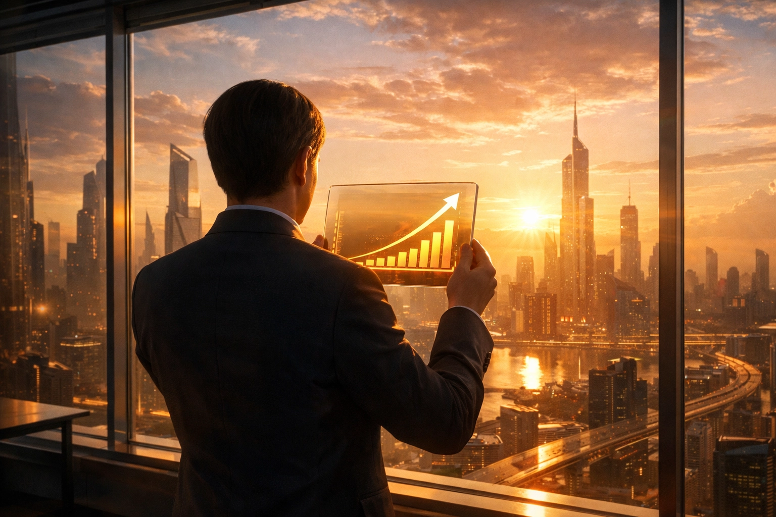 A rising interest rate graph on a digital tablet representing financial success and wealth building in 2026.