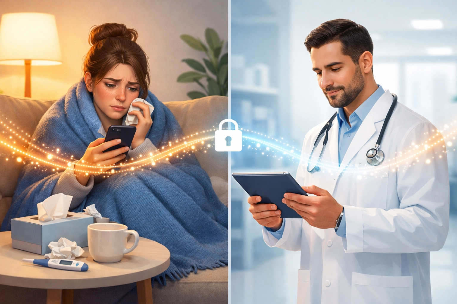 Doctor and patient connected through secure text-based telehealth platform for respiratory illness care
