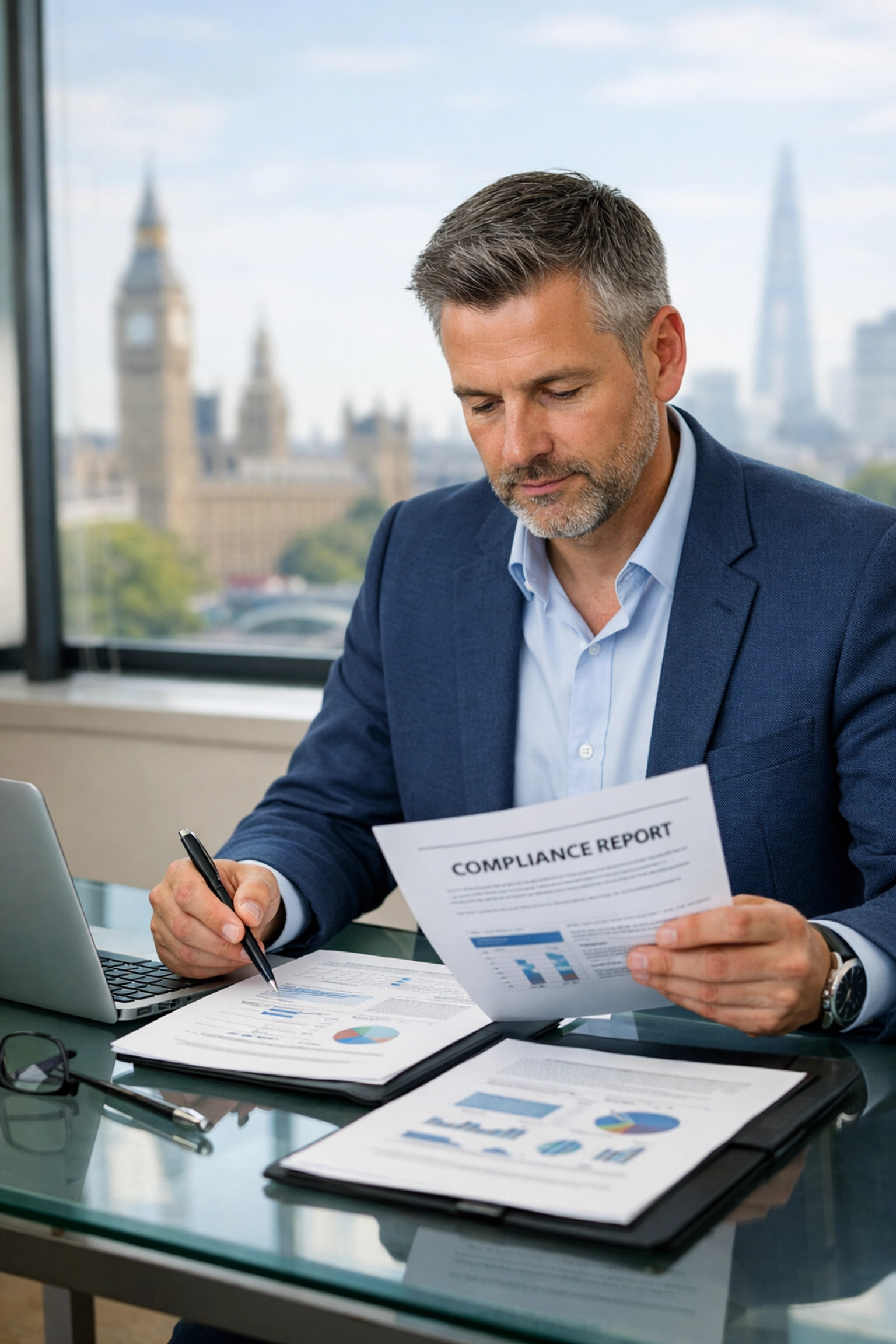 Professional manager reviewing security compliance documents for SIA ACS accreditation in a modern office.