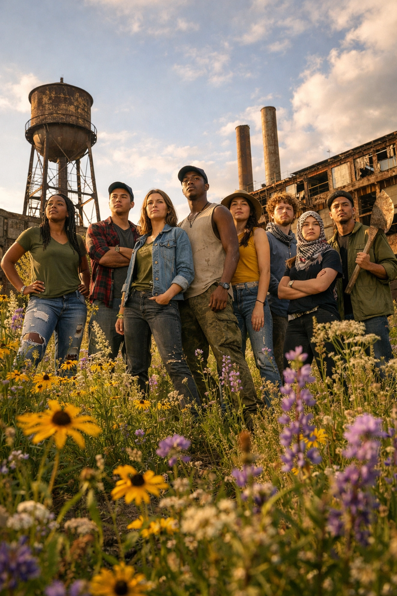 Diverse activists on a reclaimed industrial site representing systemic environmental justice and change.