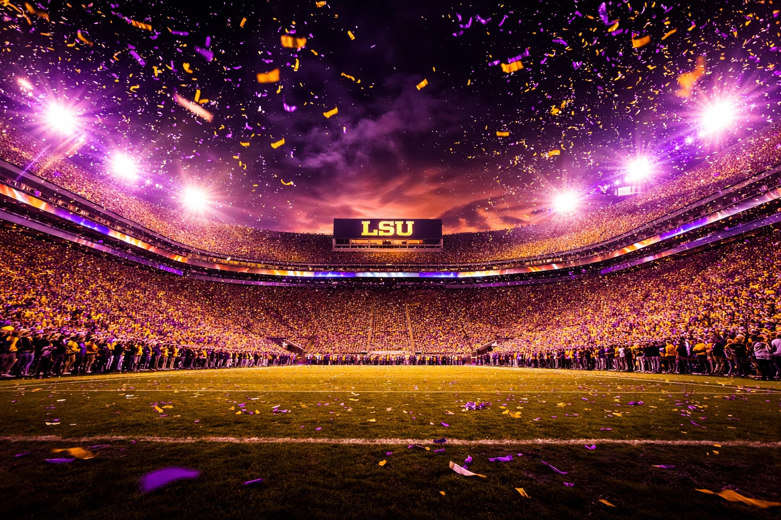 LSU Tiger Stadium glowing in purple and gold lights with a cheering crowd for transfer portal celebration