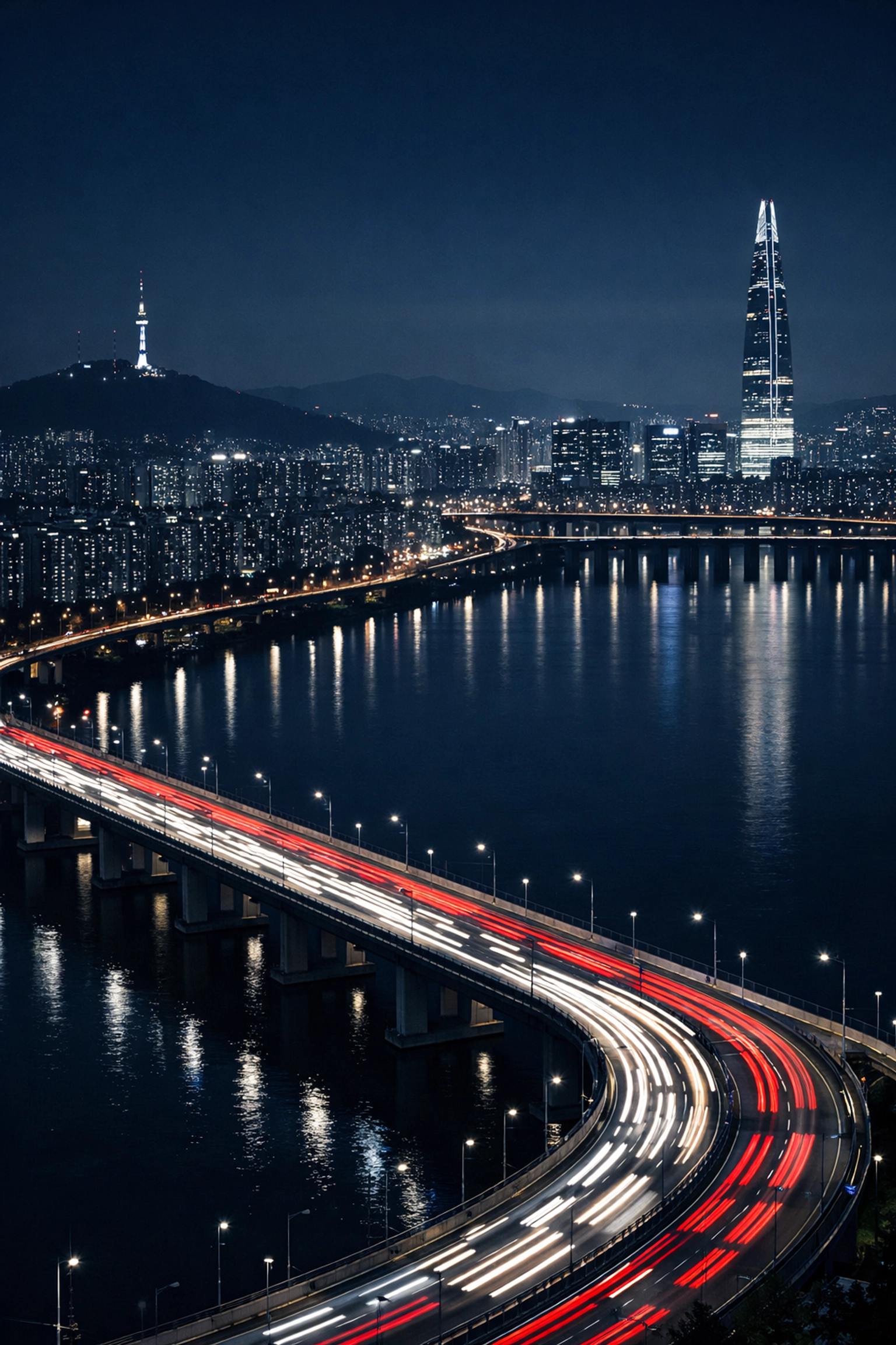 Long exposure of a Seoul bridge at night symbolizing the connected North Asia innovation corridor.