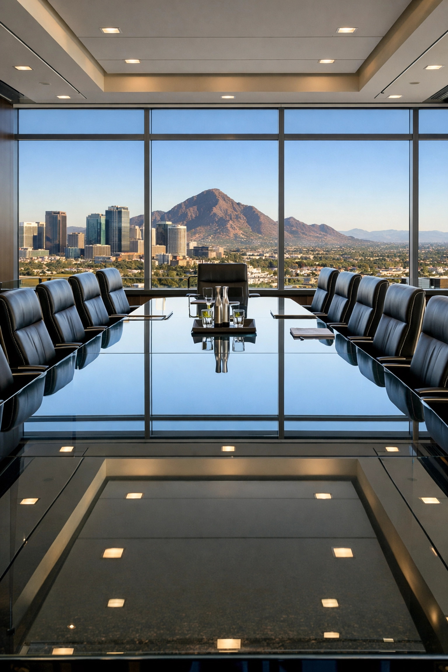Executive Phoenix boardroom with streak-free glass surfaces and a view of Camelback Mountain.