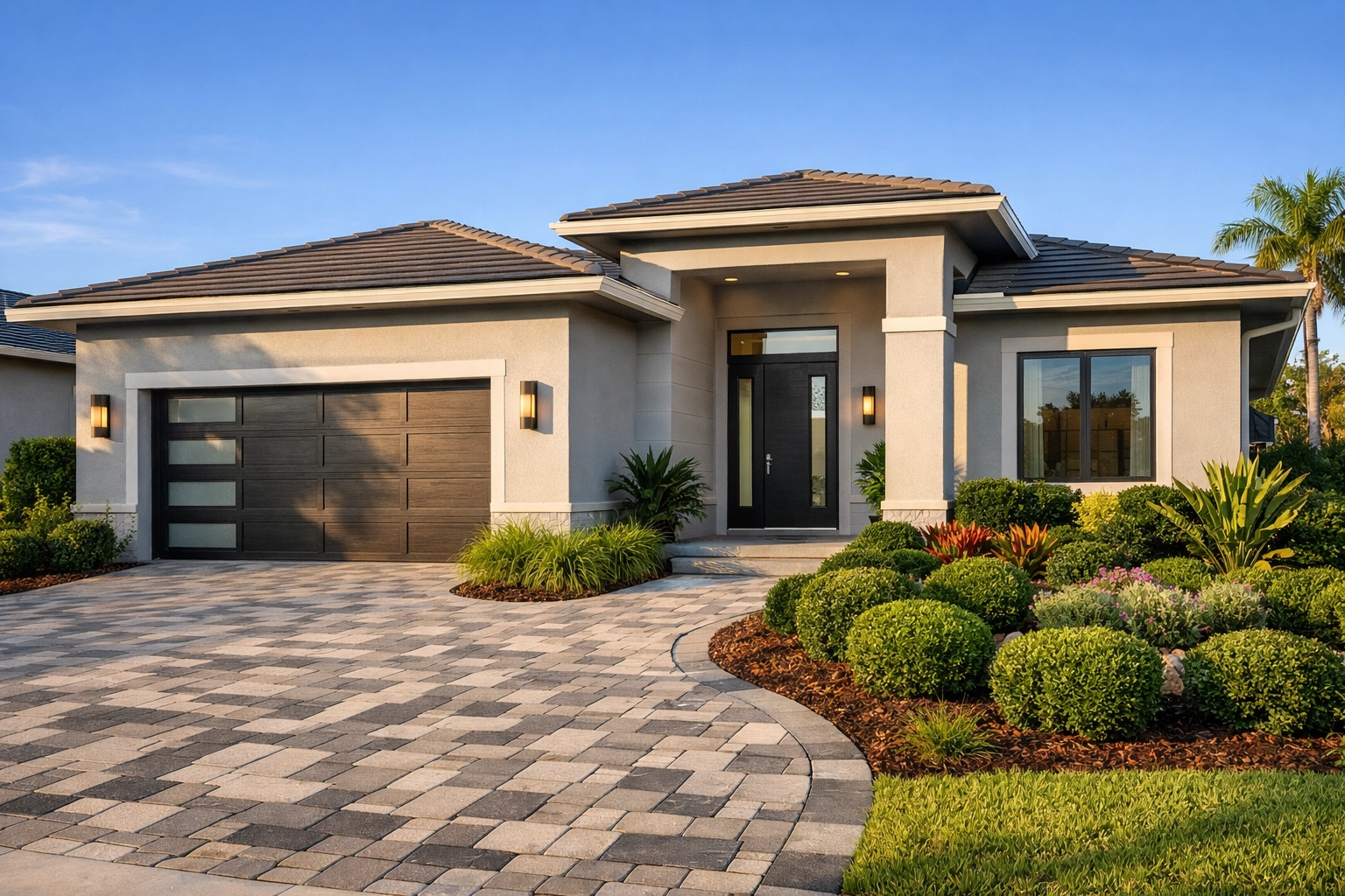 Renovated Orlando home exterior showcasing modern curb appeal with professional landscaping