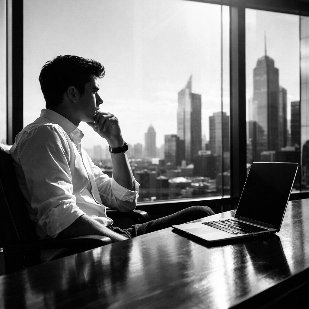 Young professional in a modern office reflecting on career readiness and the tech talent gap.