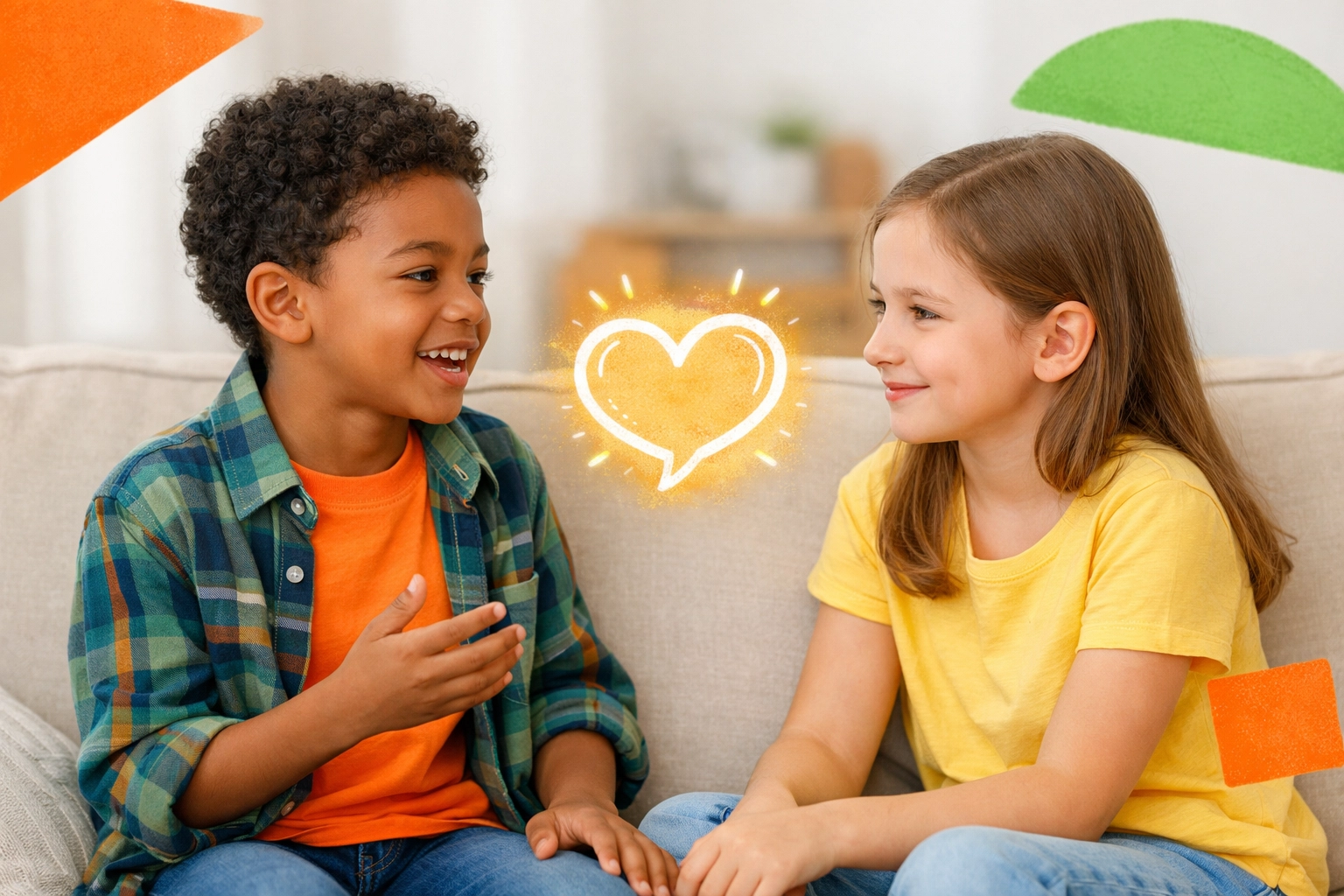 Two children talking on a sofa, practicing relational grace and communication skills taught in the Complete Life Skills Platform.