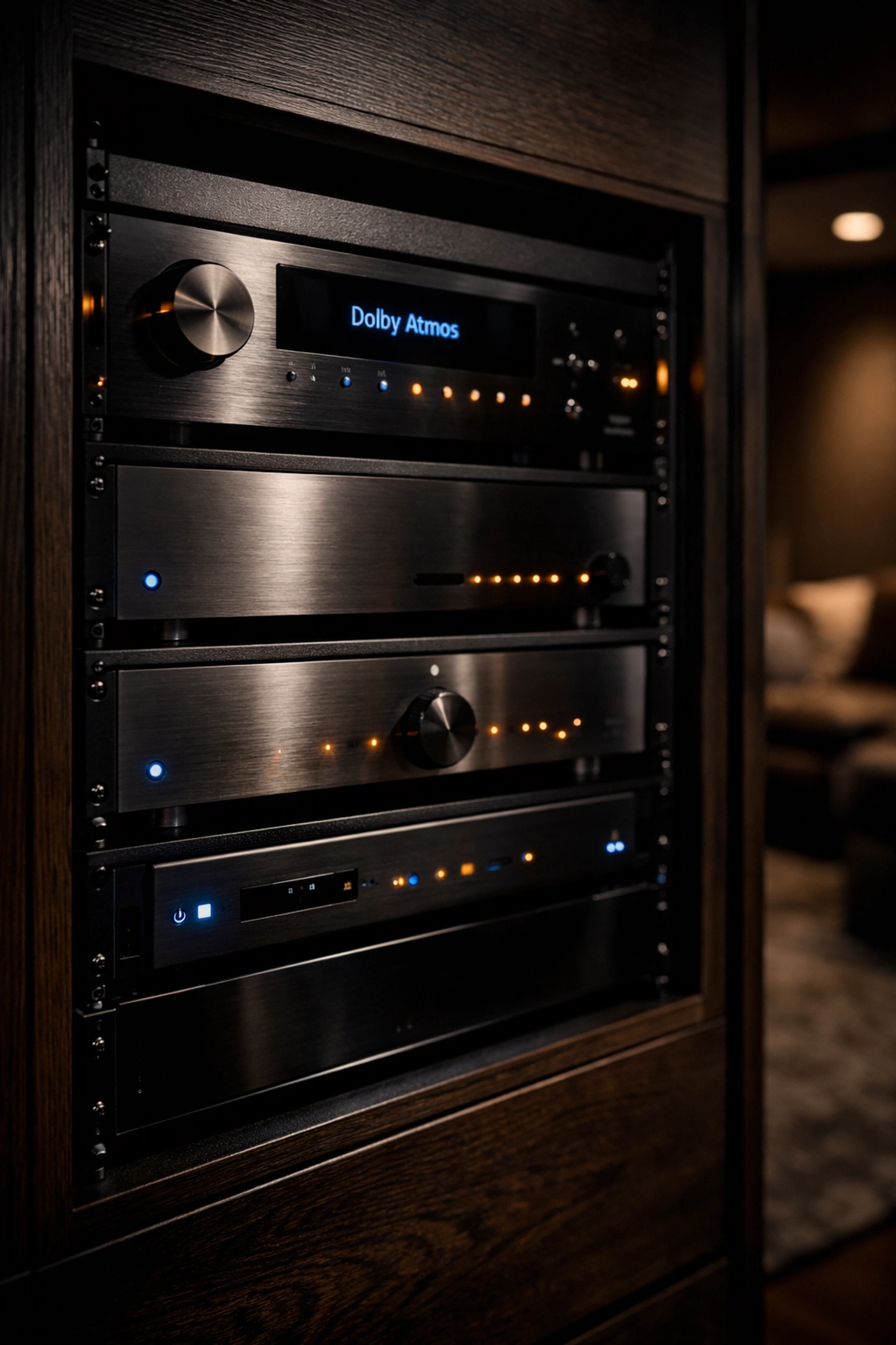 Professional AV equipment rack and managed wiring for a custom home theater installation in Edina.