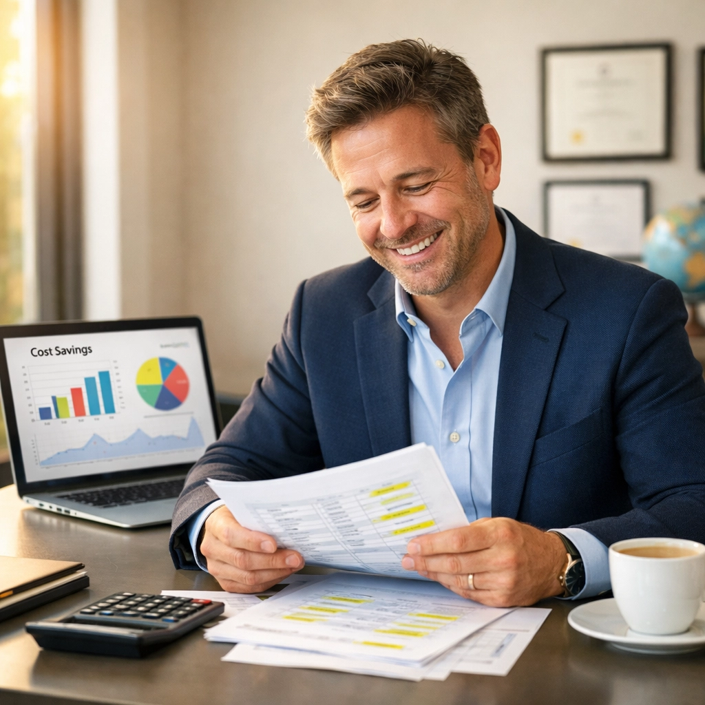 Merchant reviewing financial savings and tax deductions from Larecoin charitable contributions