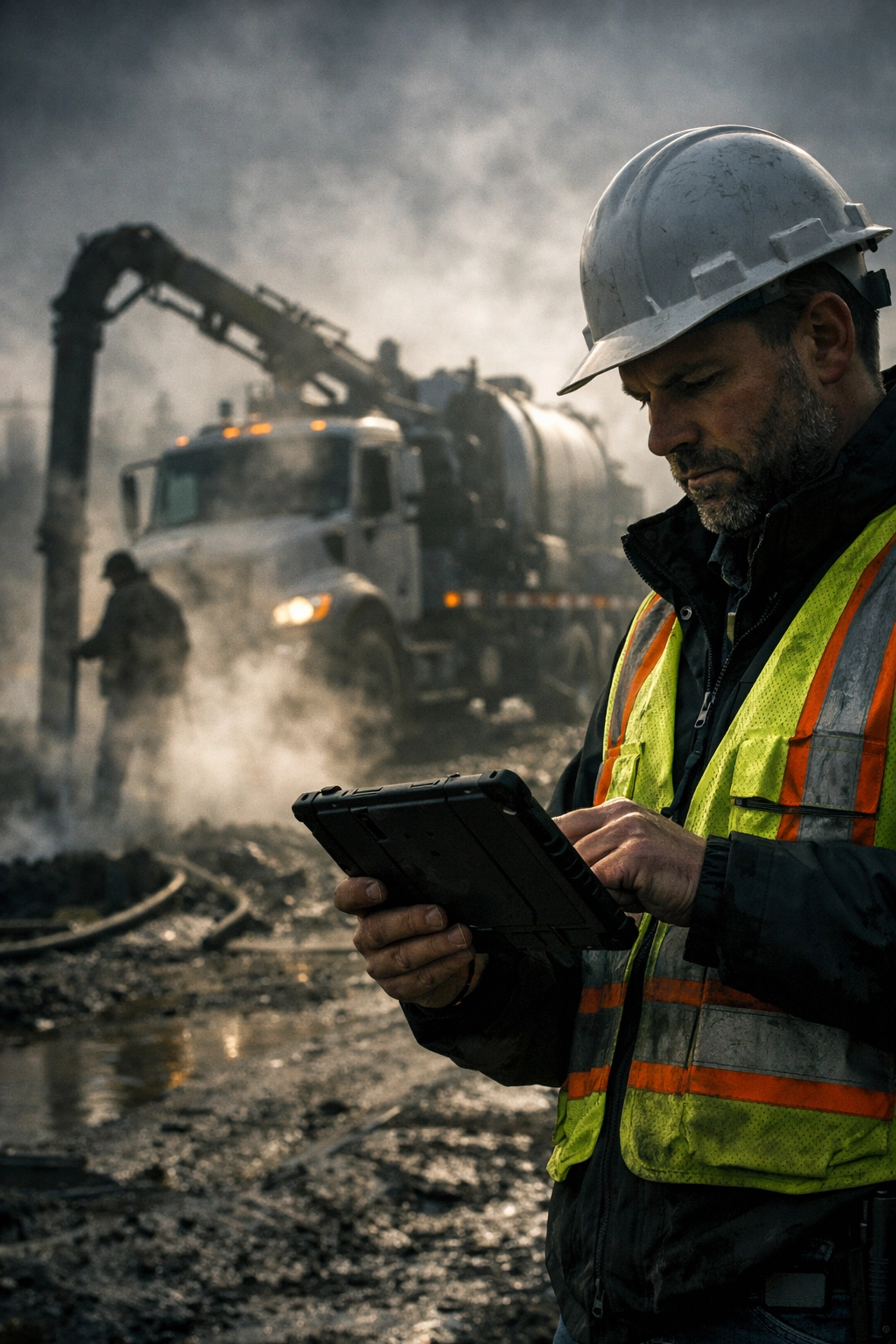 Construction project manager using a tablet to find local hydrovac companies on a busy job site.