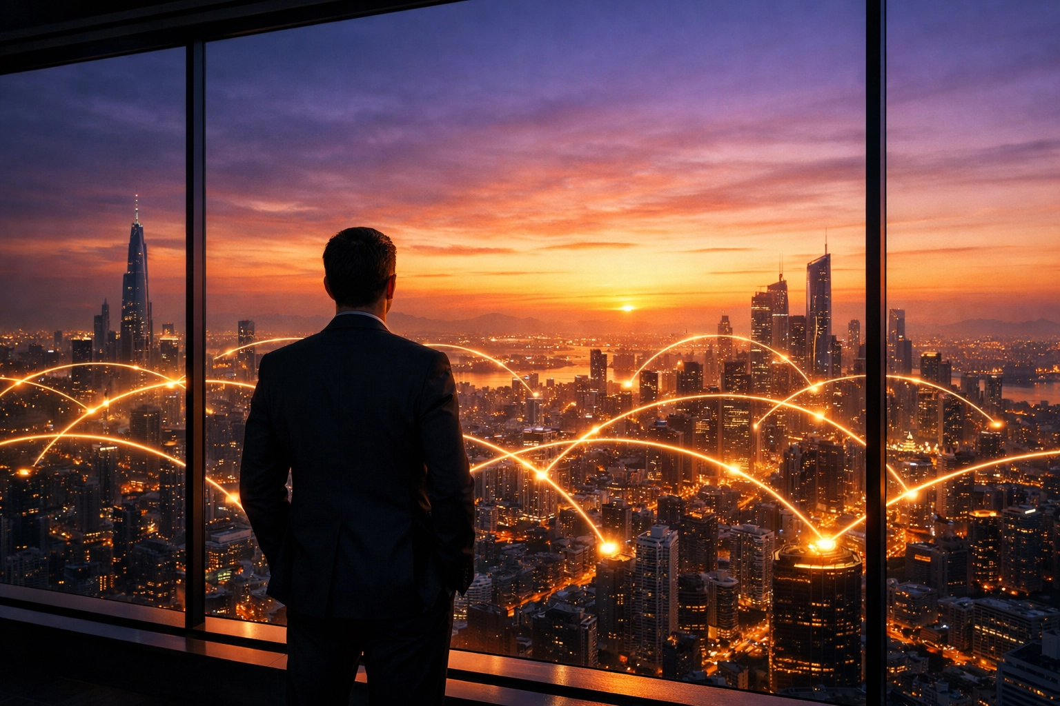 Professional overlooking a connected city skyline representing a scaled AI customer service roadmap.