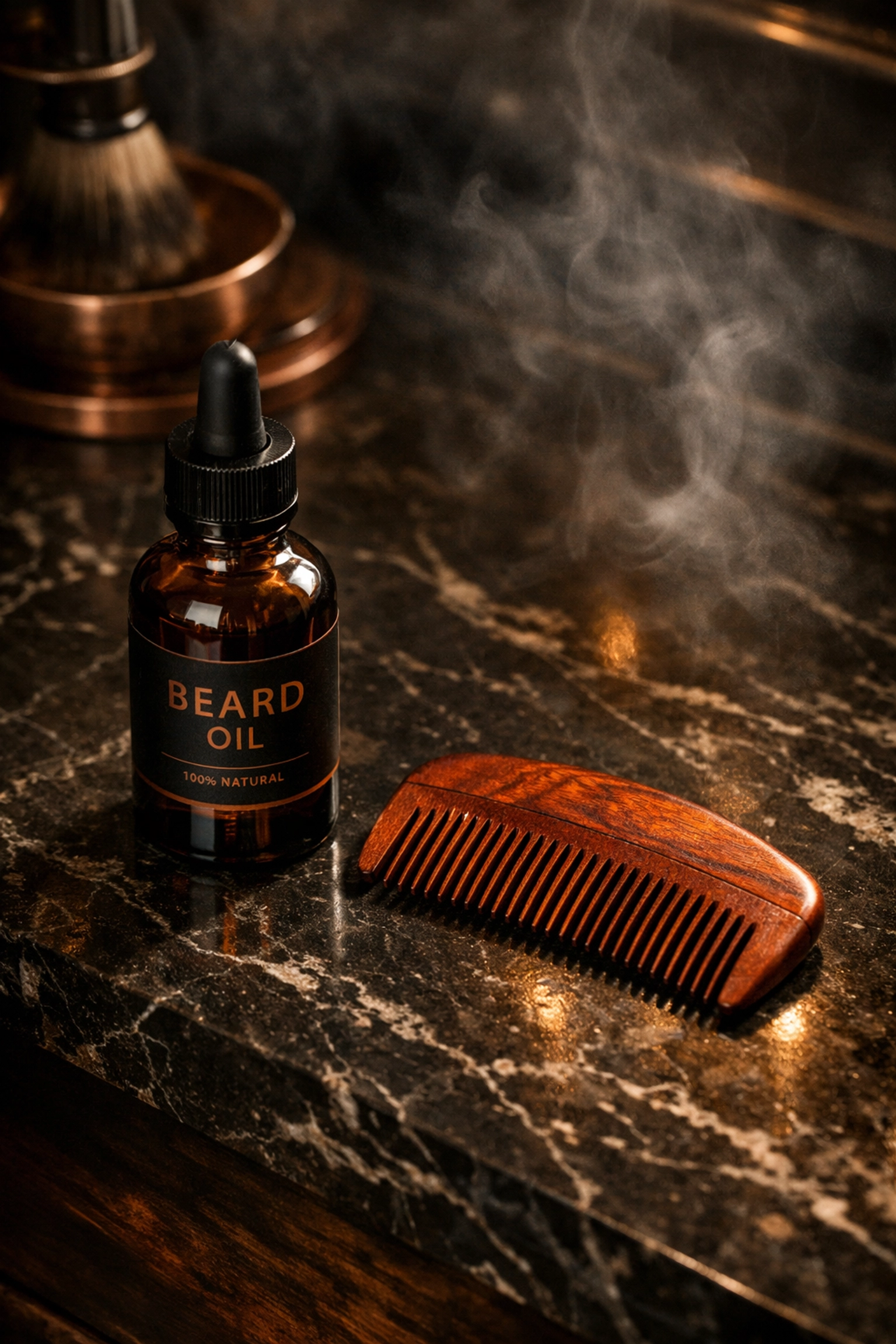 Professional beard grooming kit including a sandalwood comb and high-performance beard oil.