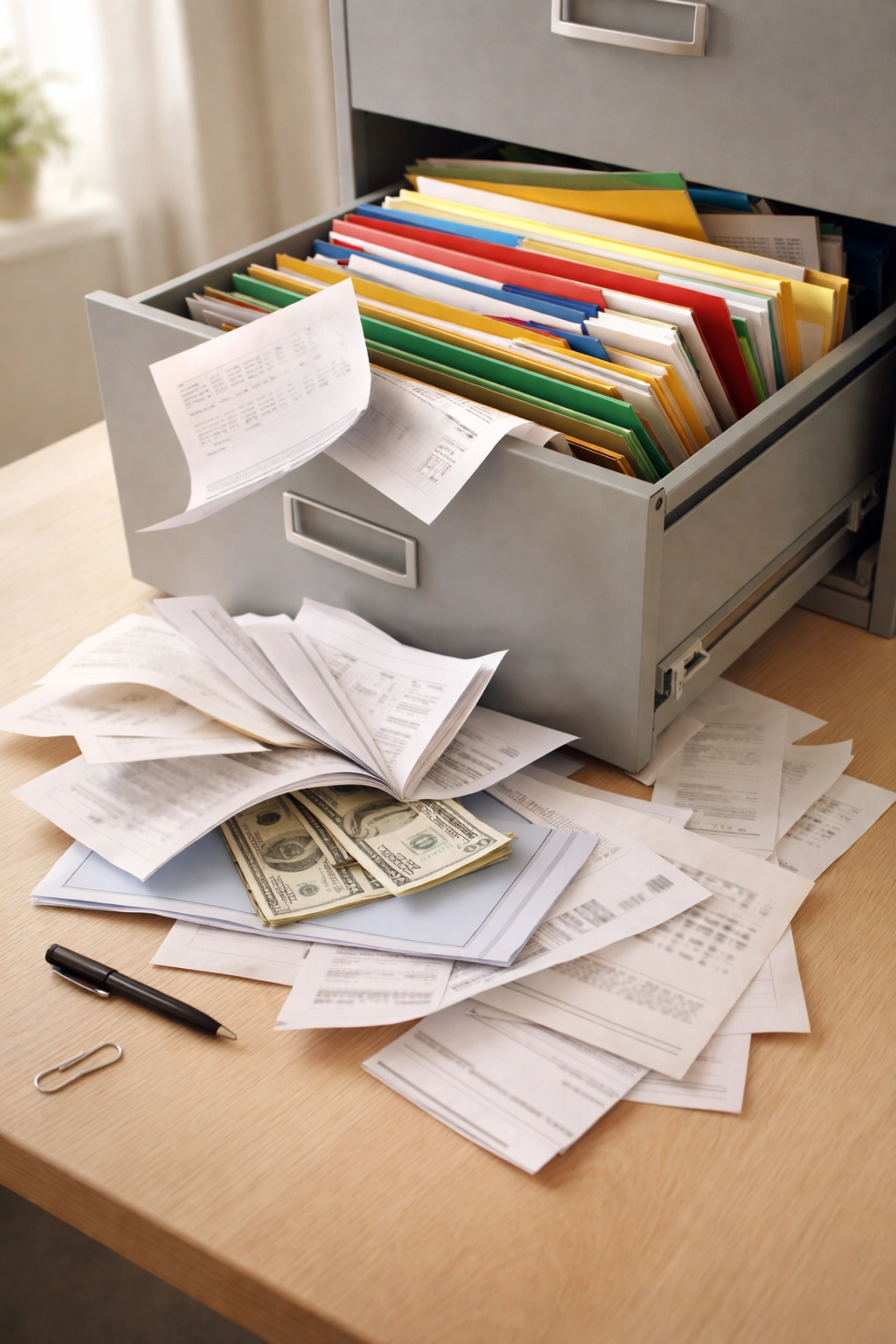 Messy filing cabinet overflowing with documents and cash, highlighting lost deductions and disorganization in bookkeeping