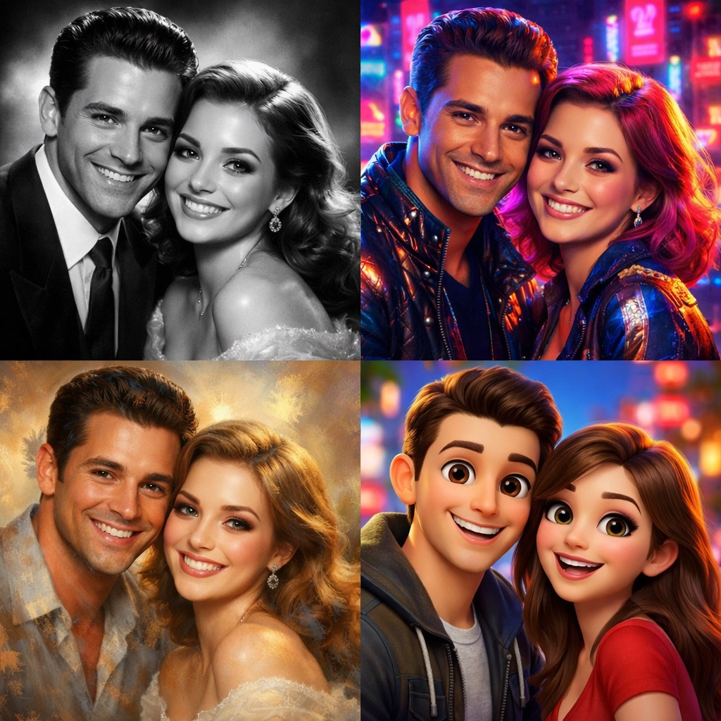 Diverse AI photo experience filters showing artistic styles from glamour to digital art for event keepsakes.