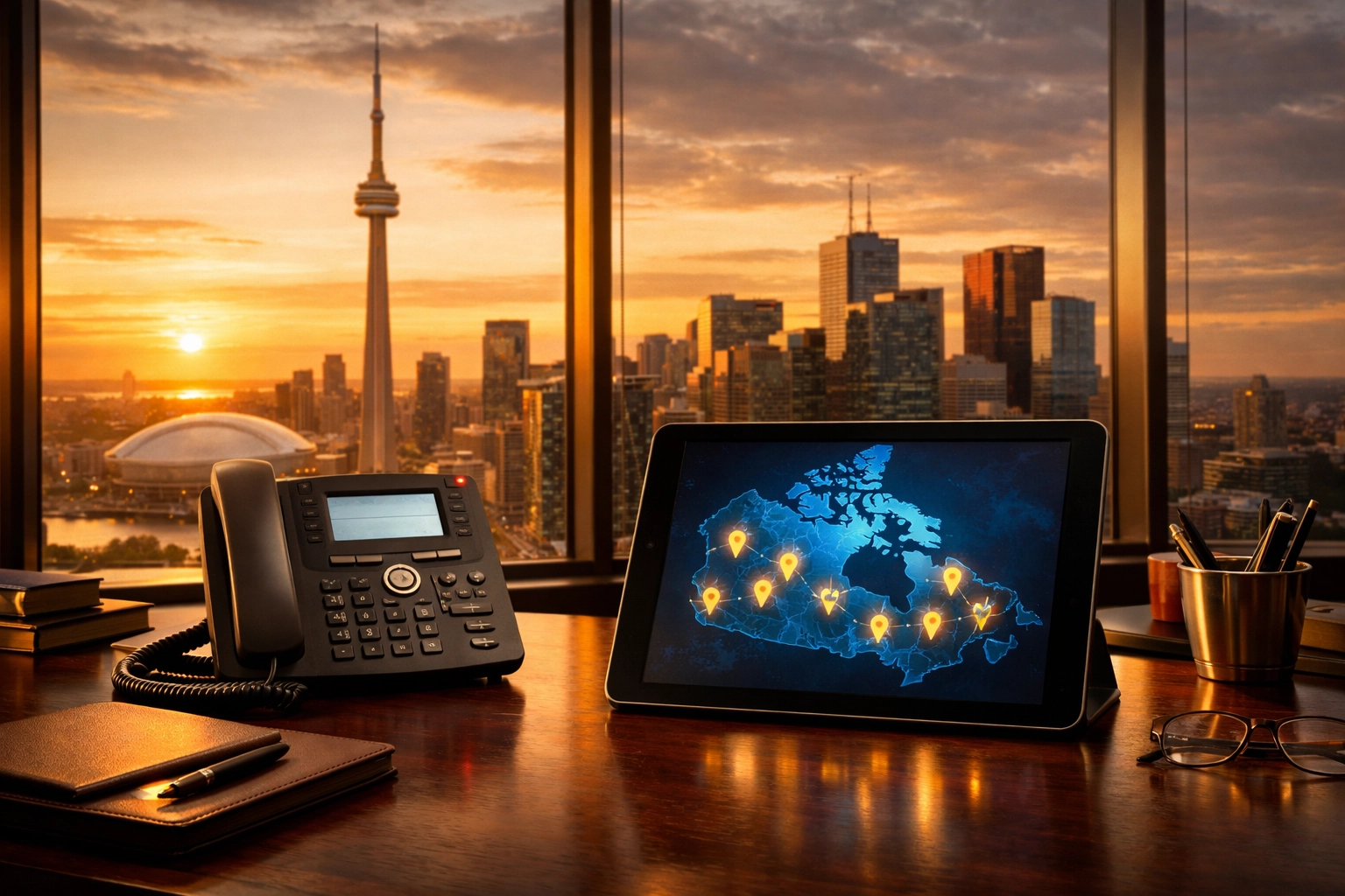 Professional IP phone in a Toronto office overlooking the skyline, symbolizing reliable business VoIP Canada services.