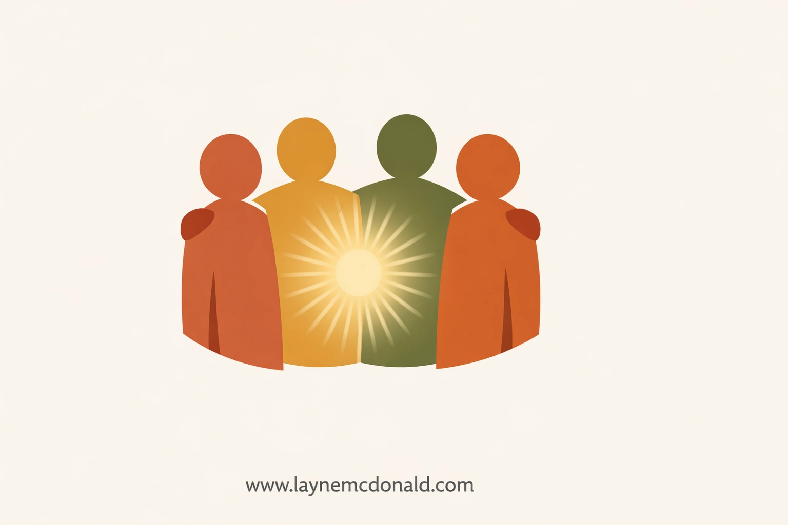 Abstract figures in a circle with a glowing light, representing spiritual community and connection through faith.